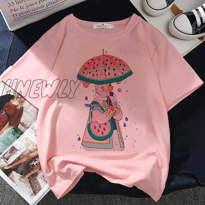 Hnewly Strawberry Juice Graphic Print T-shirt Women Harajuku Aesthetic White Tops Tshirt Tee New Summer Fashion Y2k Female T Shirt Cute Fits