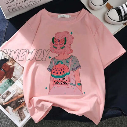 Hnewly Strawberry Juice Graphic Print T-shirt Women Harajuku Aesthetic White Tops Tshirt Tee New Summer Fashion Y2k Female T Shirt Cute Fits