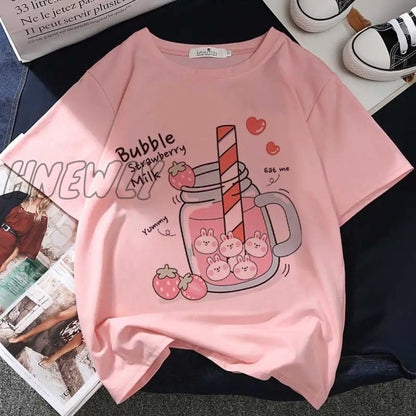 Hnewly Strawberry Juice Graphic Print T-shirt Women Harajuku Aesthetic White Tops Tshirt Tee New Summer Fashion Y2k Female T Shirt Cute Fits