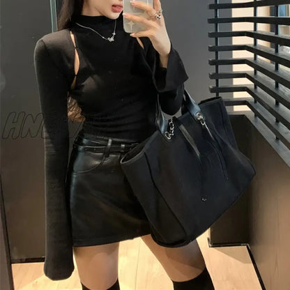 xsrrr Streetwear Half High Neck Hollow Sexy Slim Long-sleeved T-shirt Women Winter New Solid Color Casual All-match Basic Tops