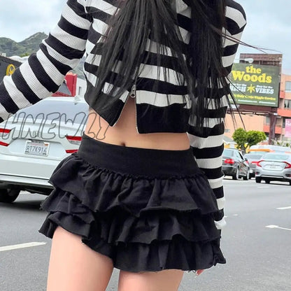 xsrrr Streetwear Y2k Pleated Skirt Women Elastic Waist A-line Ruffles Cute Sexy Layered Mini Cake Skirt Summer Gyaru Fashion