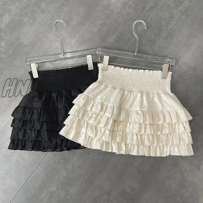 xsrrr Streetwear Y2k Ruffles Mini Skirts Women Sweet Kawaii High Waist Lace A Line Skirt Summer Korean Fashion Black Ball Gown Skirts