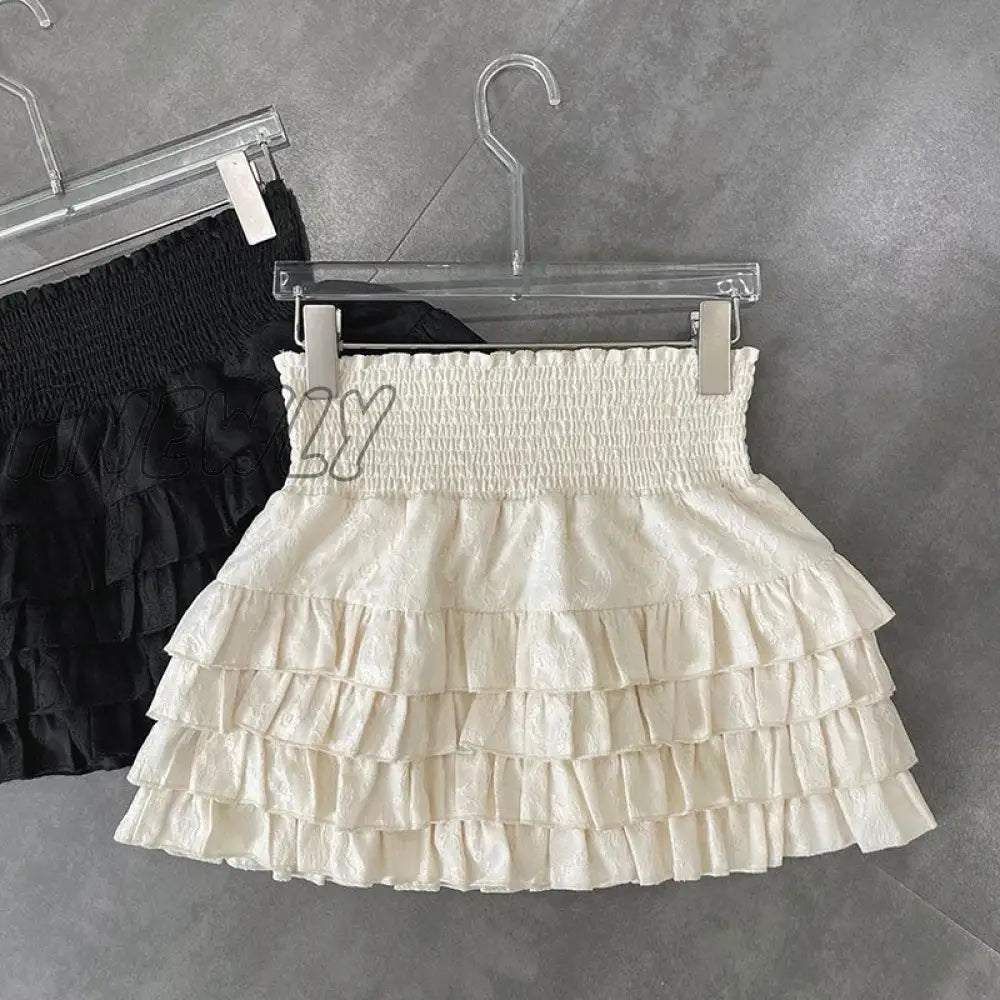 xsrrr Streetwear Y2k Ruffles Mini Skirts Women Sweet Kawaii High Waist Lace A Line Skirt Summer Korean Fashion Black Ball Gown Skirts