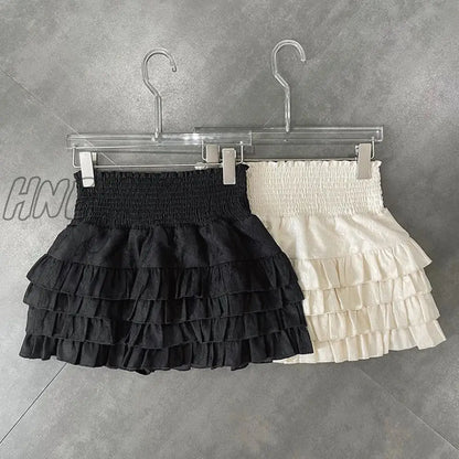 xsrrr Streetwear Y2k Ruffles Mini Skirts Women Sweet Kawaii High Waist Lace A Line Skirt Summer Korean Fashion Black Ball Gown Skirts