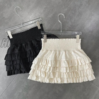 xsrrr Streetwear Y2k Ruffles Mini Skirts Women Sweet Kawaii High Waist Lace A Line Skirt Summer Korean Fashion Black Ball Gown Skirts