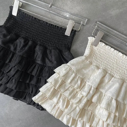 xsrrr Streetwear Y2k Ruffles Mini Skirts Women Sweet Kawaii High Waist Lace A Line Skirt Summer Korean Fashion Black Ball Gown Skirts