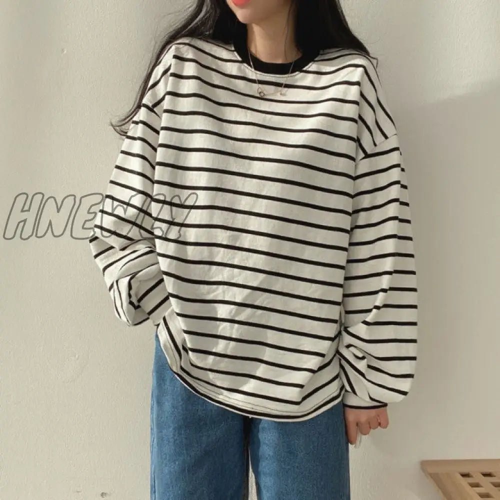 Hnewly Striped T-shirt Women's New Spring and Autumn Thin Street Loose Long-sleeved Top Fashion Elegant Retro Bottoming Shirt Top