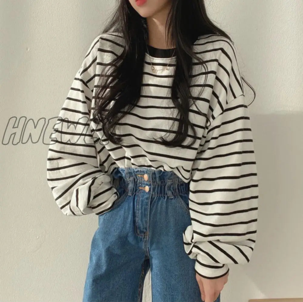 Hnewly Striped T-shirt Women's New Spring and Autumn Thin Street Loose Long-sleeved Top Fashion Elegant Retro Bottoming Shirt Top