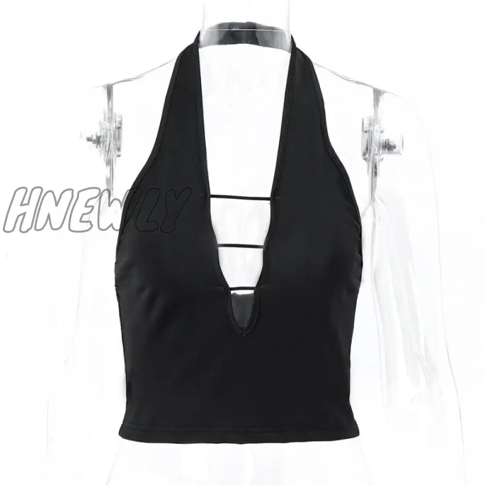 xsrrr Summer 2024 Halter Backless Sexy Hollow Out Y2K Crop Top Party Club Outfits Women Sleeveless V Neck Skinny Tank Tops Streetwear