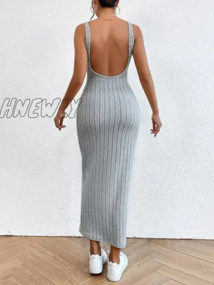 xsrrr Summer Backless Knit Bodycon Long Dress Women's Elegant Sleeveless O Neck Tank Dress Street Vacation Beach Casual Sundress