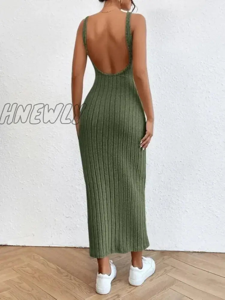 xsrrr Summer Backless Knit Bodycon Long Dress Women's Elegant Sleeveless O Neck Tank Dress Street Vacation Beach Casual Sundress