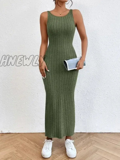 xsrrr Summer Backless Knit Bodycon Long Dress Women's Elegant Sleeveless O Neck Tank Dress Street Vacation Beach Casual Sundress