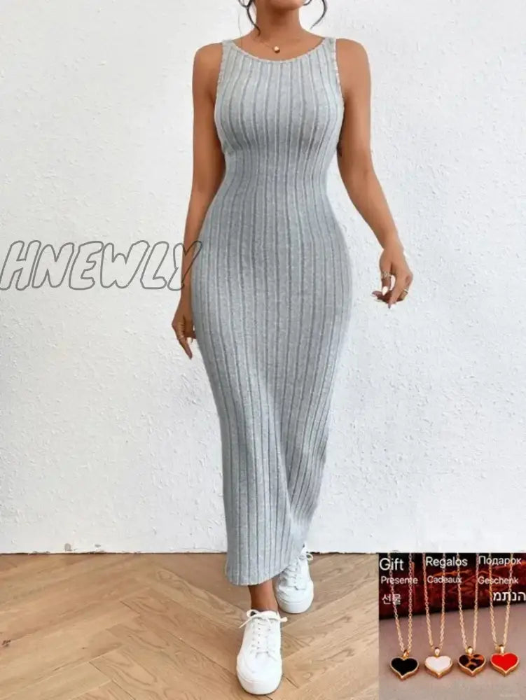 xsrrr Summer Backless Knit Bodycon Long Dress Women's Elegant Sleeveless O Neck Tank Dress Street Vacation Beach Casual Sundress