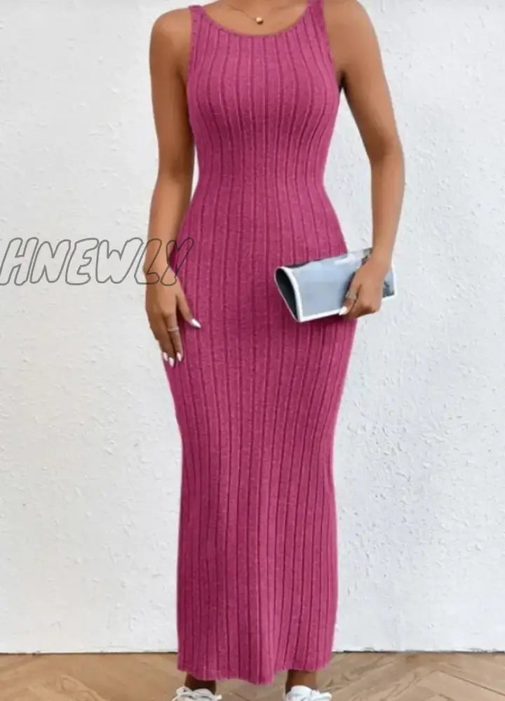 xsrrr Summer Backless Knit Bodycon Long Dress Women's Elegant Sleeveless O Neck Tank Dress Street Vacation Beach Casual Sundress