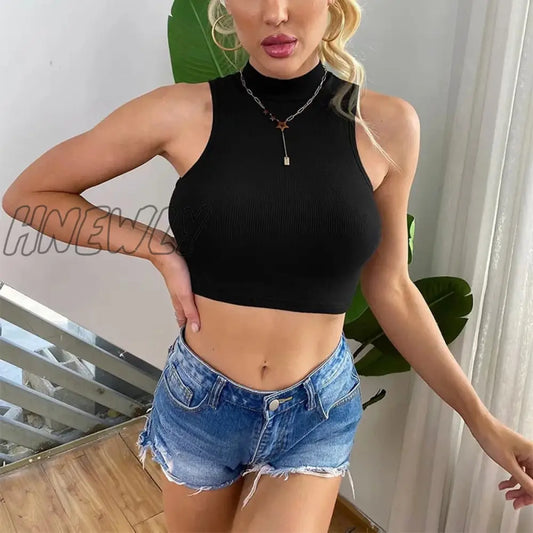 Hnewly Summer Black Women Fashion Crop Top High Neck White Sleeveless Tank Tops 5 Colors