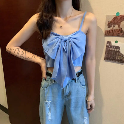 Hnewly Summer Butterfly Knot Bow Tie Camisole Women Fashion Backless Cropped Camis Tank Tops