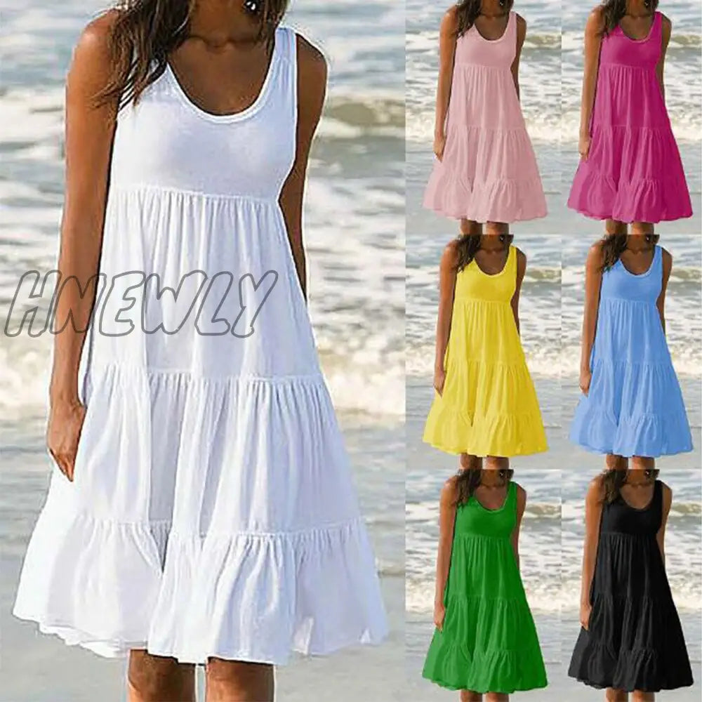 xsrrr Summer Casual Sweet Spaghetti Strap White Dress New Ladies V Neck Knee Length Big Swing Beach Dress Loose Dresses Women