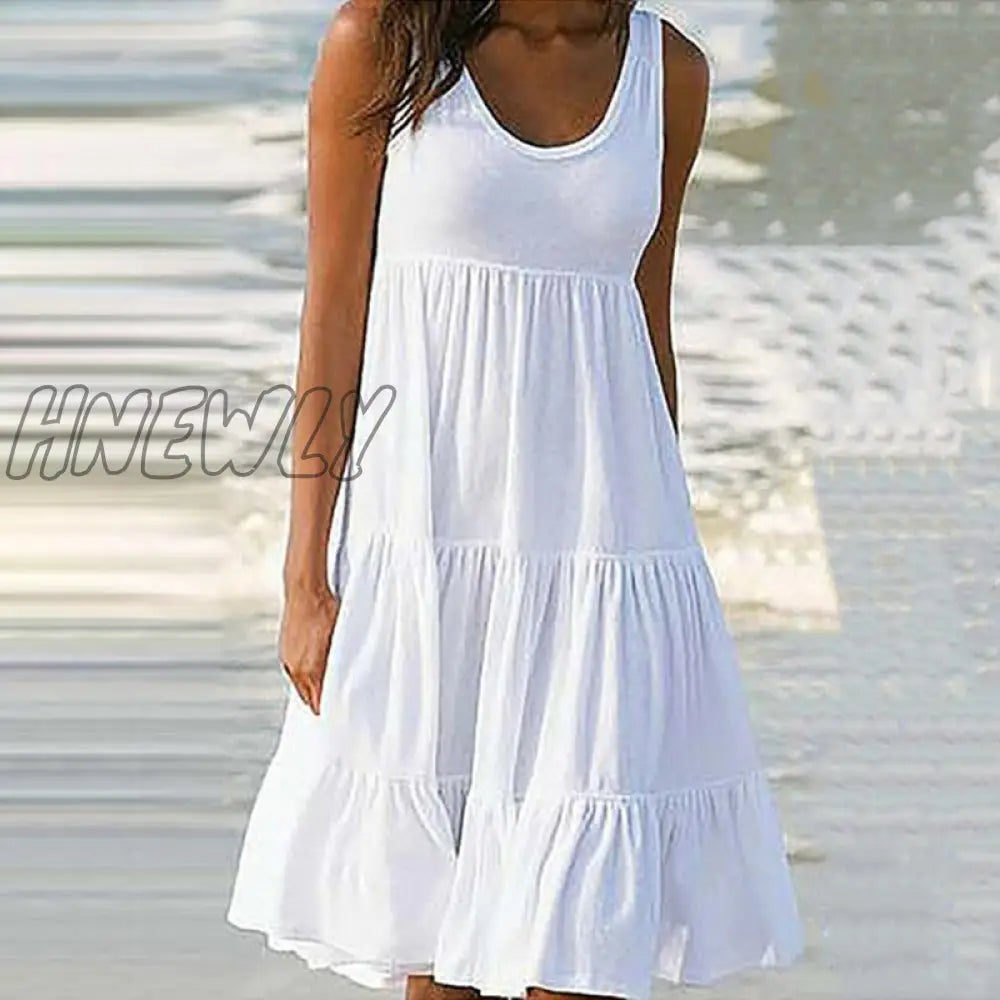 xsrrr Summer Casual Sweet Spaghetti Strap White Dress New Ladies V Neck Knee Length Big Swing Beach Dress Loose Dresses Women