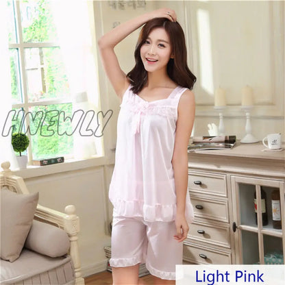 xsrrr Summer Cooling Women Faux Silk Satin Sexy Night Sleepwear Female Pajamas Set with Shorts Nightie for Ladies