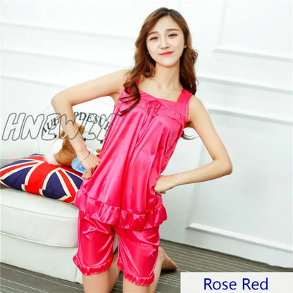 xsrrr Summer Cooling Women Faux Silk Satin Sexy Night Sleepwear Female Pajamas Set with Shorts Nightie for Ladies