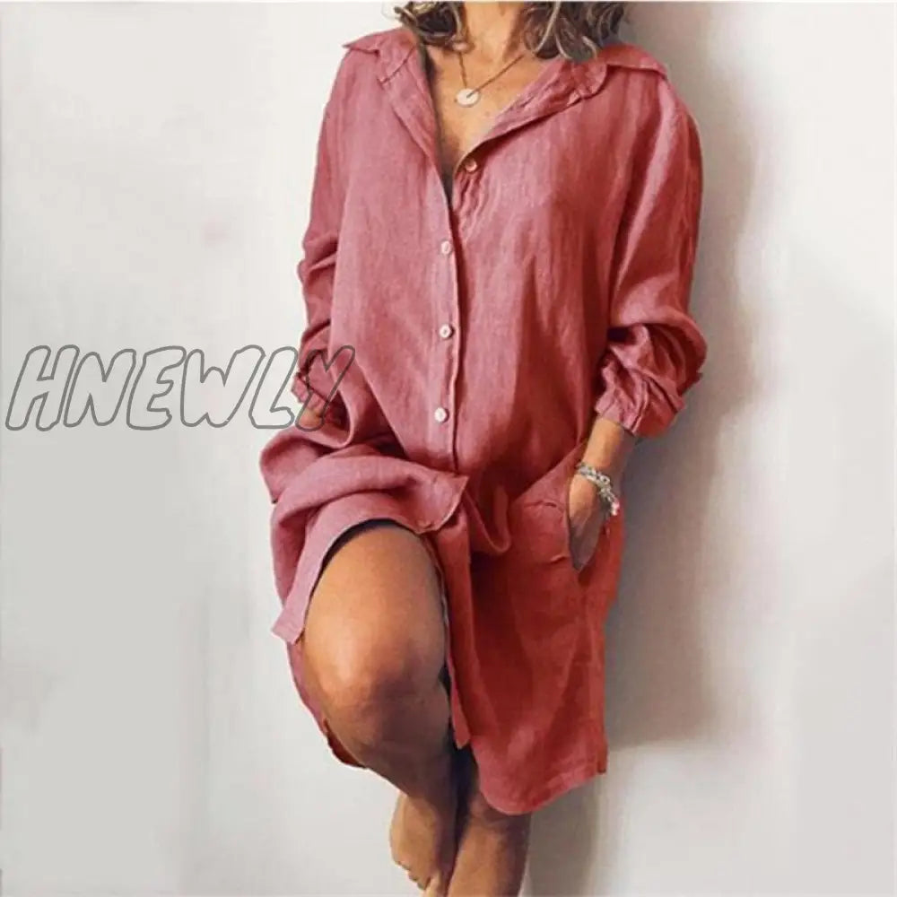 xsrrr Summer Cotton Linen Women's Shirt Dress Long Sleeve Solid White Female Dresses Spring Fashion Casual Loose Ladies Clothes