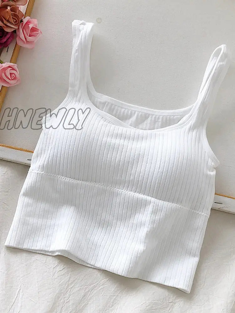 Hnewly Summer Crop Top Women Seamless Square Collar Wide Straps Tank Top Knitted Striped Camisole Solid Corset Top Female