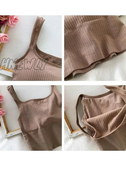 Hnewly Summer Crop Top Women Seamless Square Collar Wide Straps Tank Top Knitted Striped Camisole Solid Corset Top Female