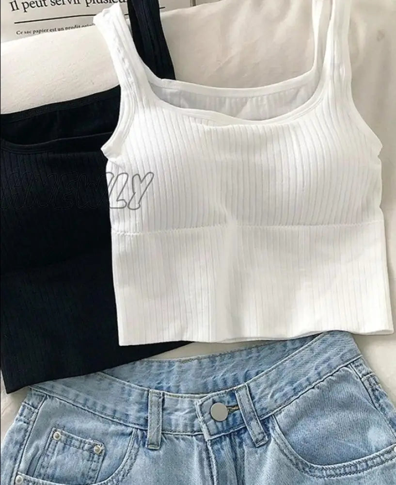 Hnewly Summer Crop Top Women Seamless Square Collar Wide Straps Tank Top Knitted Striped Camisole Solid Corset Top Female