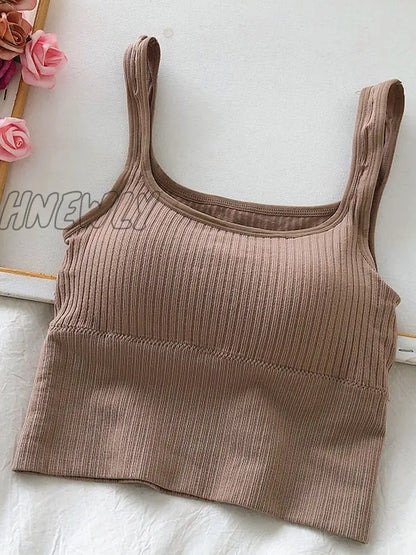 Hnewly Summer Crop Top Women Seamless Square Collar Wide Straps Tank Top Knitted Striped Camisole Solid Corset Top Female