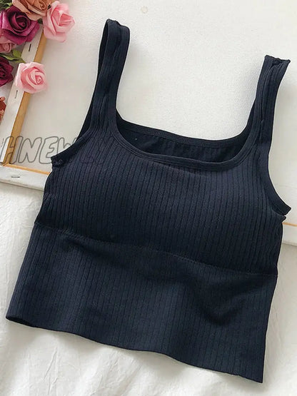 Hnewly Summer Crop Top Women Seamless Square Collar Wide Straps Tank Top Knitted Striped Camisole Solid Corset Top Female