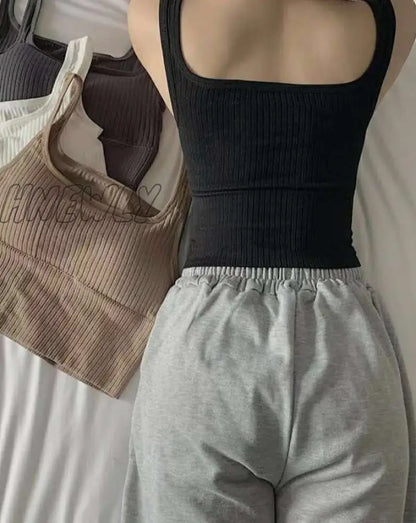 Hnewly Summer Crop Top Women Seamless Square Collar Wide Straps Tank Top Knitted Striped Camisole Solid Corset Top Female