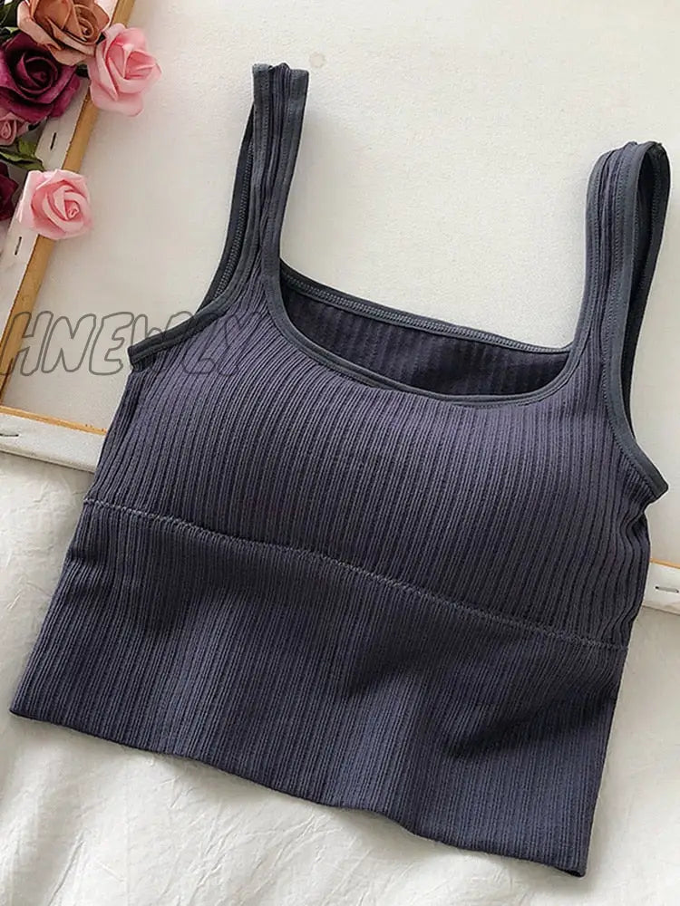 Hnewly Summer Crop Top Women Seamless Square Collar Wide Straps Tank Top Knitted Striped Camisole Solid Corset Top Female