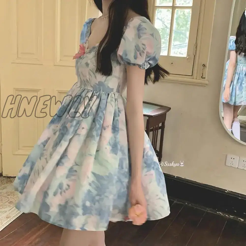 xsrrr Summer Cute Sweet Puff Sleeve Lolita A Line Mini Dresses For Women Tie Dye One Word Collar Bow Mori Girl Princess Dress Vestidos