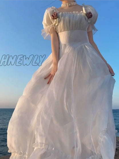 xsrrr summer dress France Fairy Sweet Dress Women Vintage Evening Party Midi Dresses Casual Designer Chic Princess Retro White Dress