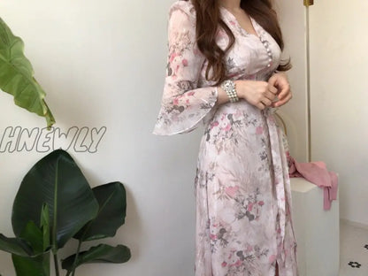 Hnewly Summer Elegant Small Floral Women Dress Was Thin V-neck Lace-up Maxi Dresses Waist Puff Sleeve Vestidos De Fiesta