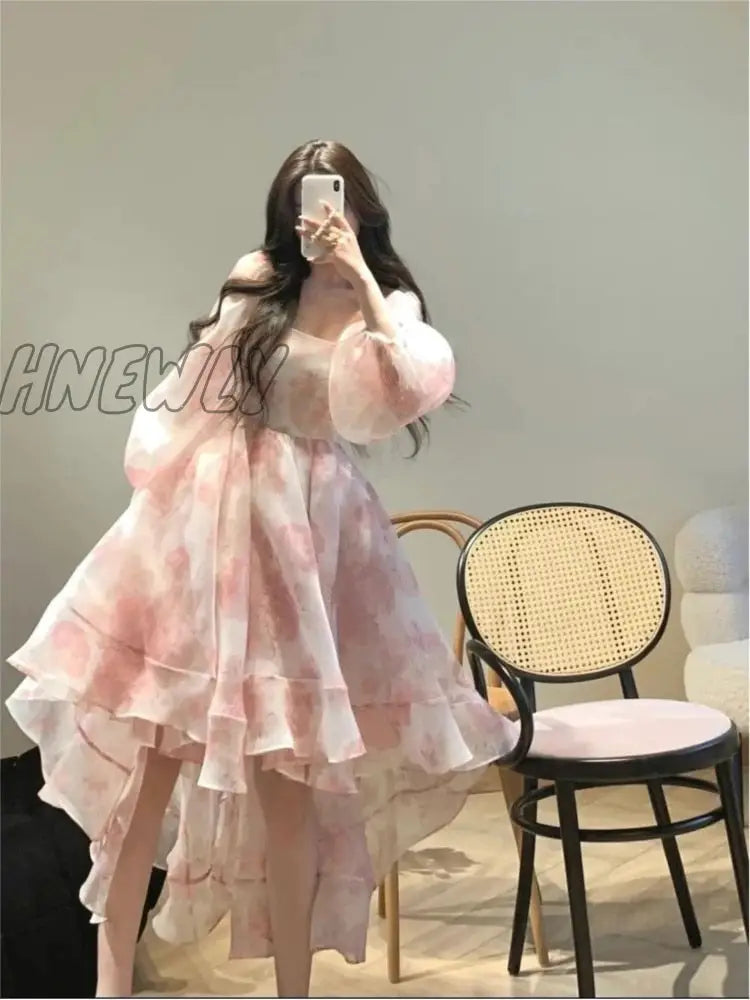 Hnewly Summer Fairy Princess Puff Sleeve Long-sleeved Party Dress Temperament Fashionable Mesh Square Collar A-line Evening Dress