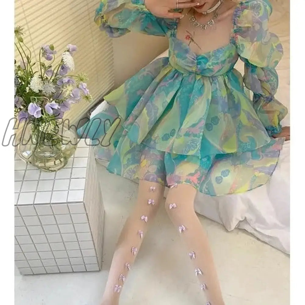 Hnewly Summer Fairy Princess Puff Sleeve Long-sleeved Party Dress Temperament Fashionable Mesh Square Collar A-line Evening Dress