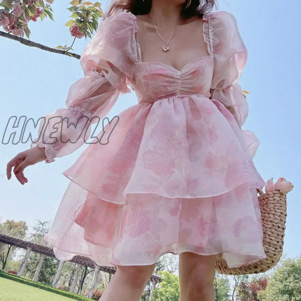 Hnewly Summer Fairy Princess Puff Sleeve Long-sleeved Party Dress Temperament Fashionable Mesh Square Collar A-line Evening Dress