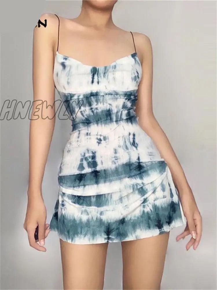 xsrrr Summer Fashion Knitting Sling Dress Women Sleeveless Sexy Side Drawstring Casual Printing Lady Street Slim MIni Dresses