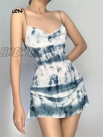 xsrrr Summer Fashion Knitting Sling Dress Women Sleeveless Sexy Side Drawstring Casual Printing Lady Street Slim MIni Dresses