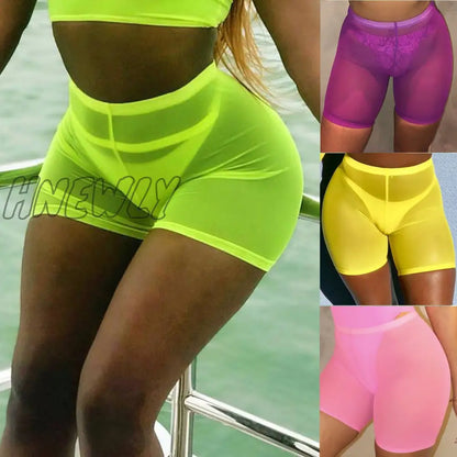 xsrrr Summer Fashion Yellow Mesh Transaparent Sexy Women Casual Shorts Ladies High Waist Shorts Summer Shorts Sexy Shorts