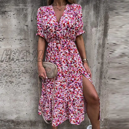 Hnewly Summer Floral Print Dress Women V Neck Side Slit Long Dress Elegant Short Sleeve Button Slim Spring Female Party Dress Vestidos