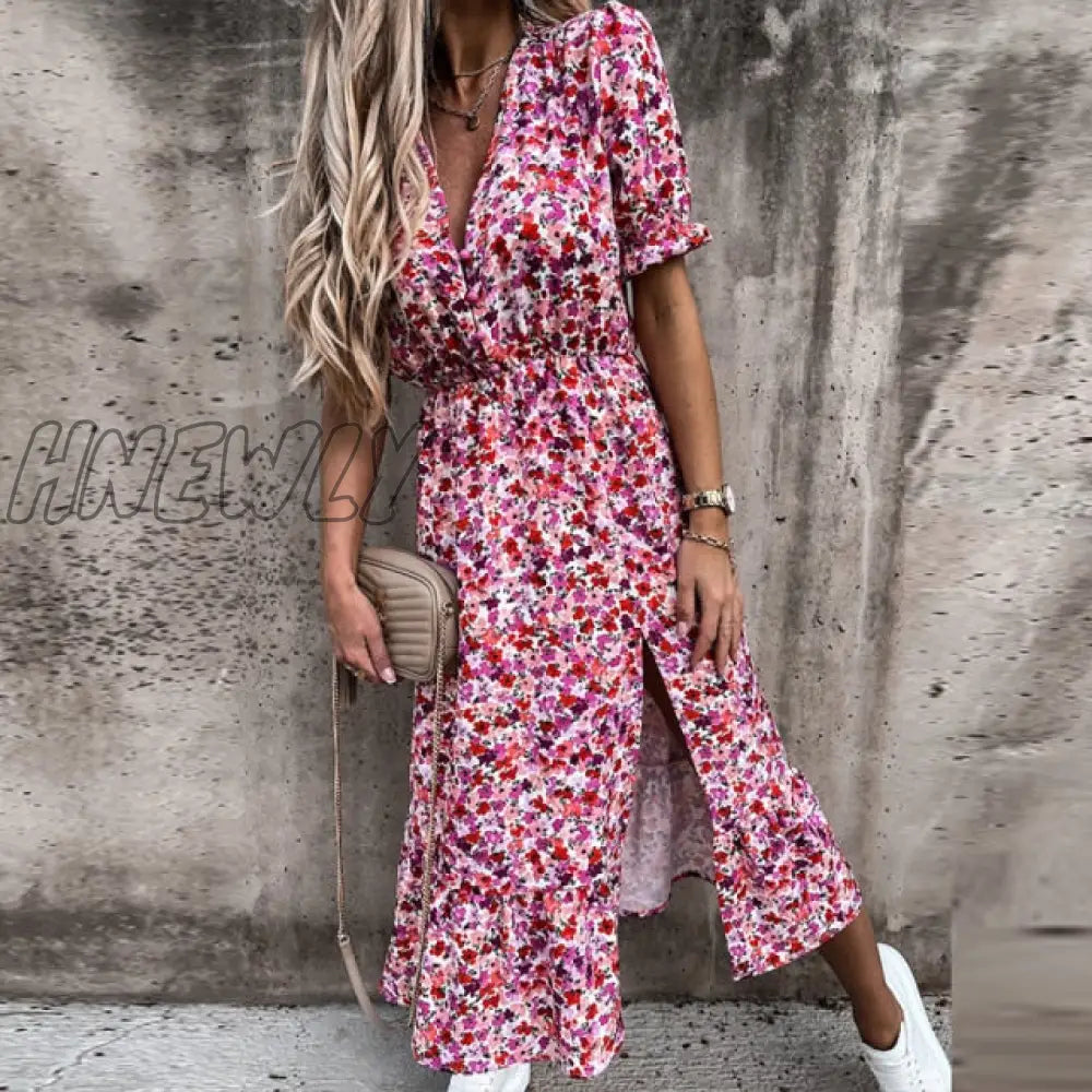 Hnewly Summer Floral Print Dress Women V Neck Side Slit Long Dress Elegant Short Sleeve Button Slim Spring Female Party Dress Vestidos