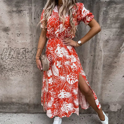 Hnewly Summer Floral Print Dress Women V Neck Side Slit Long Dress Elegant Short Sleeve Button Slim Spring Female Party Dress Vestidos