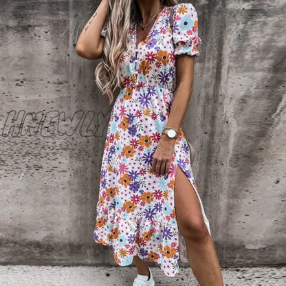 Hnewly Summer Floral Print Dress Women V Neck Side Slit Long Dress Elegant Short Sleeve Button Slim Spring Female Party Dress Vestidos