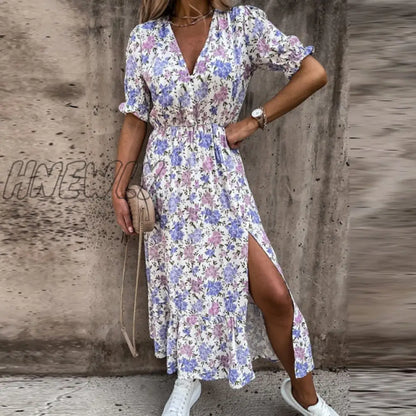 Hnewly Summer Floral Print Dress Women V Neck Side Slit Long Dress Elegant Short Sleeve Button Slim Spring Female Party Dress Vestidos