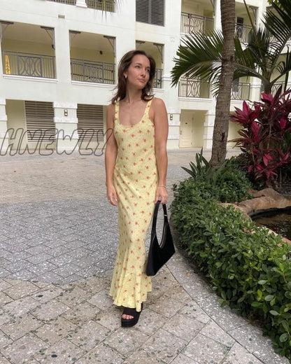 Hnewly Summer Floral Suspender Maxi Sundress Holiady Beach Women Sleeveless Straps Wrapped Fishtail Dress Slim Backless Vestido