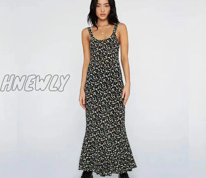 Hnewly Summer Floral Suspender Maxi Sundress Holiady Beach Women Sleeveless Straps Wrapped Fishtail Dress Slim Backless Vestido