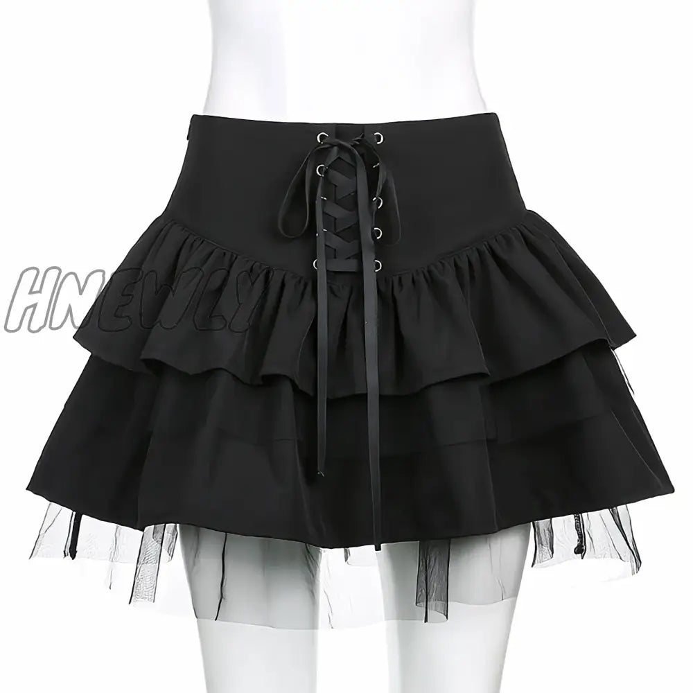 xsrrr Summer Gothic Lace Cute High Waist Bandage Sexy Mini Skirt Lolita Ruffles Pleated Japanese Black A-Line Y2k Short Tutu Skirt