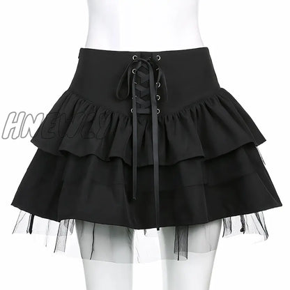 xsrrr Summer Gothic Lace Cute High Waist Bandage Sexy Mini Skirt Lolita Ruffles Pleated Japanese Black A-Line Y2k Short Tutu Skirt